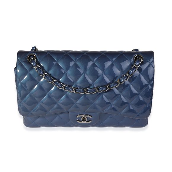 Chanel Blue Quilted Patent Leather Jumbo Classic Double Flap Bag - Picture 1 of 8